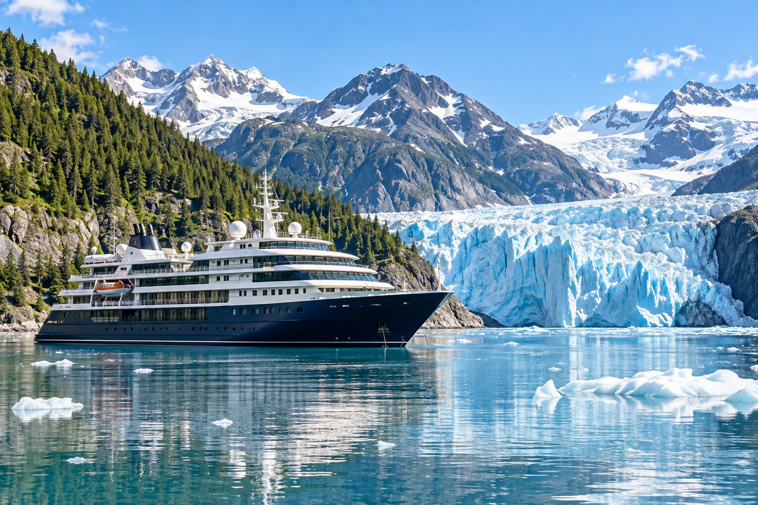 A small expedition ship anchored near a tidewater glacier in Alaska