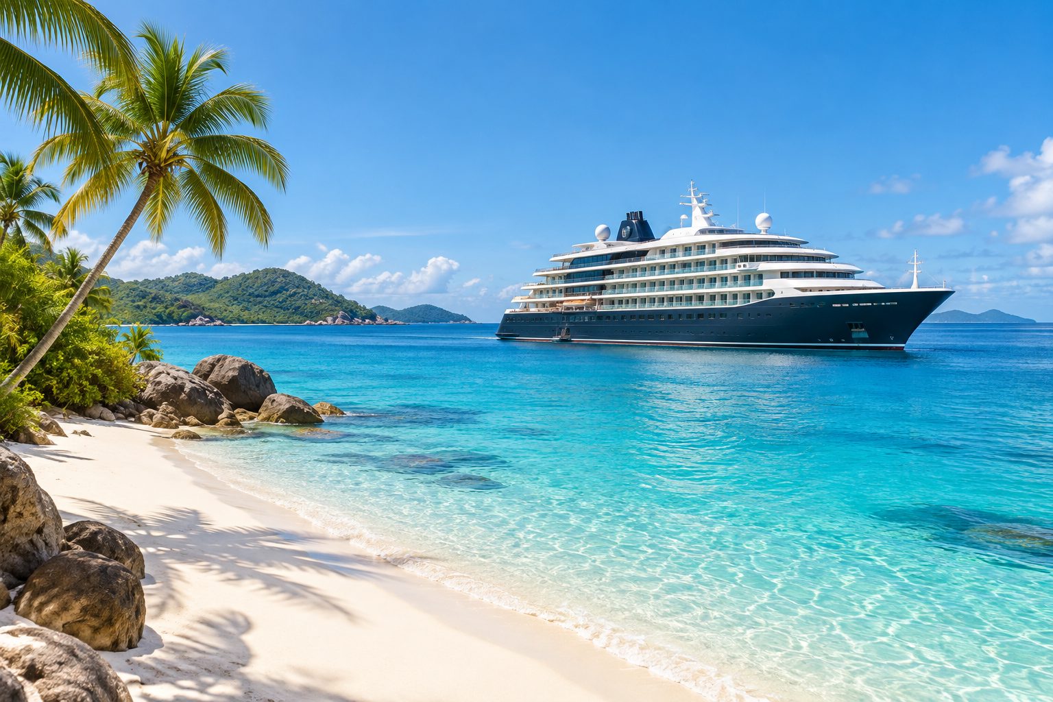 A small all-suite ultra-luxury cruise ship in brilliant turquoise Caribbean water