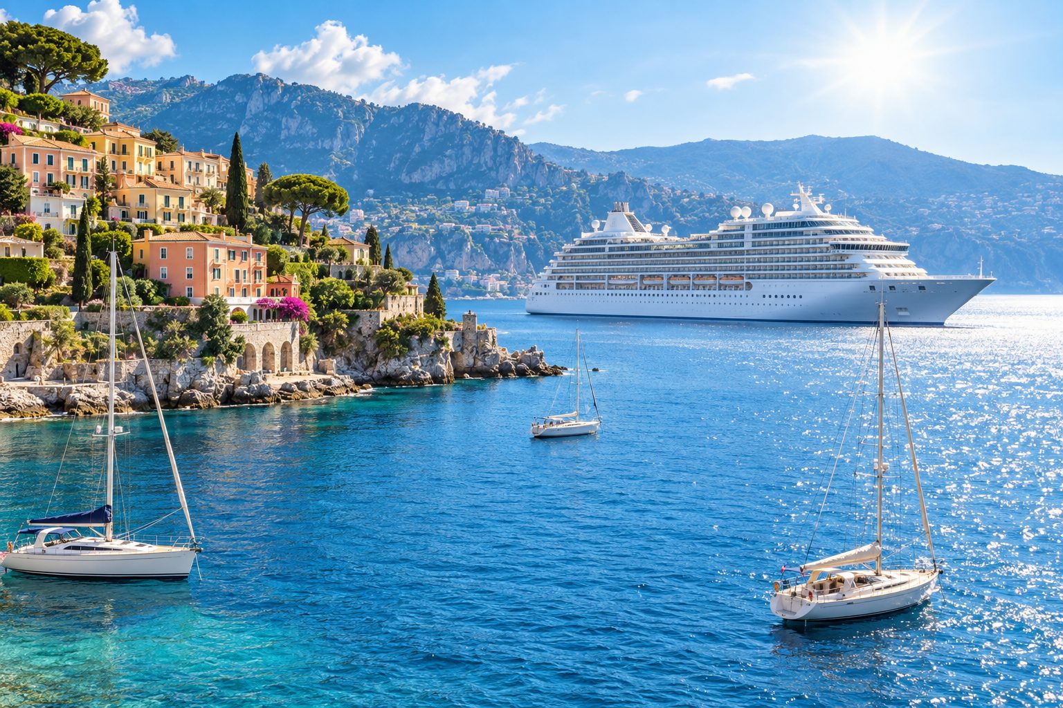 An ultra-luxury cruise ship off a sun-washed Mediterranean coastal town